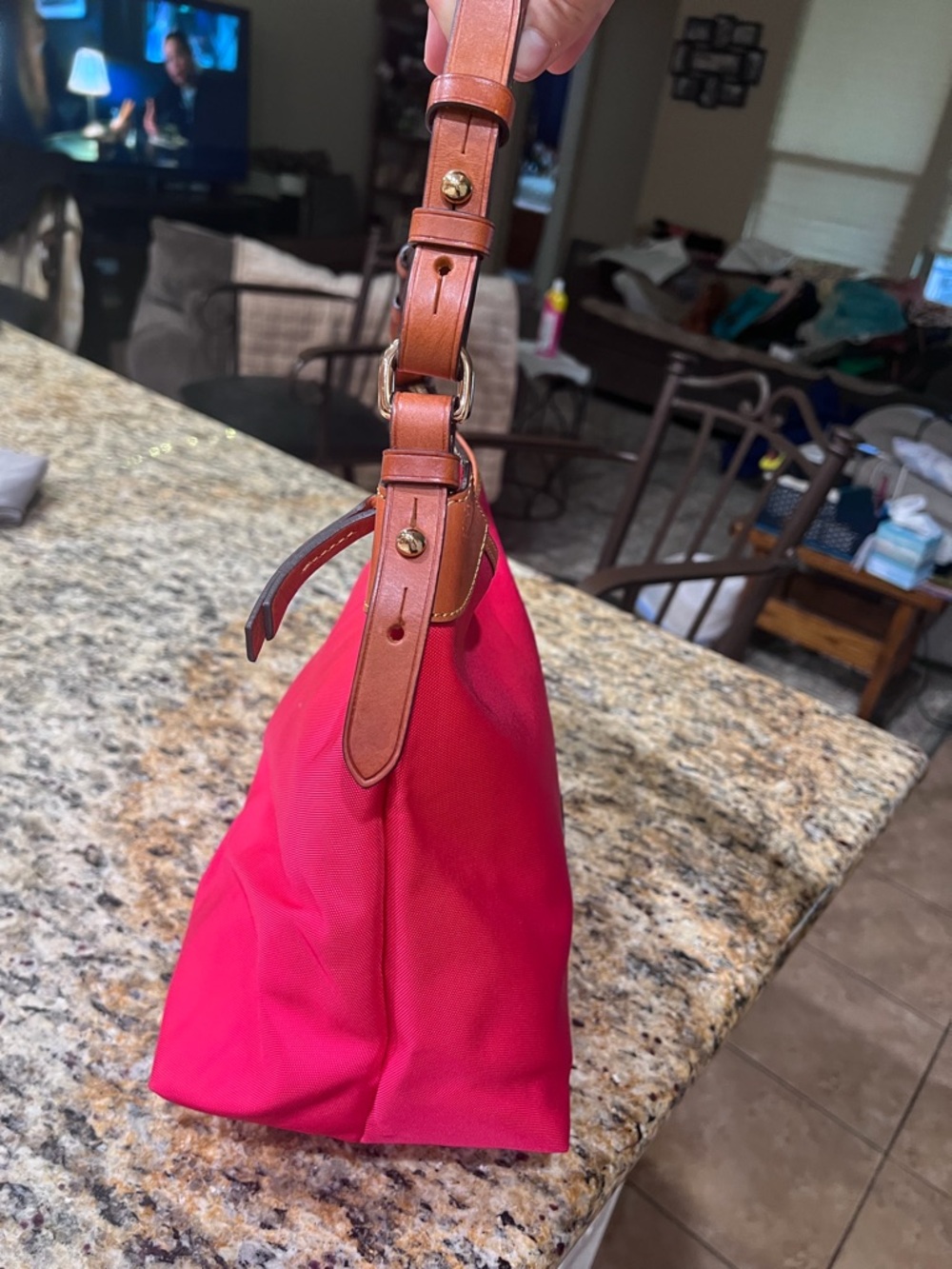 Dooney & Bourke Bright Pink Nylon Hobo with Brown Leather Trim - Picture 6 of 12